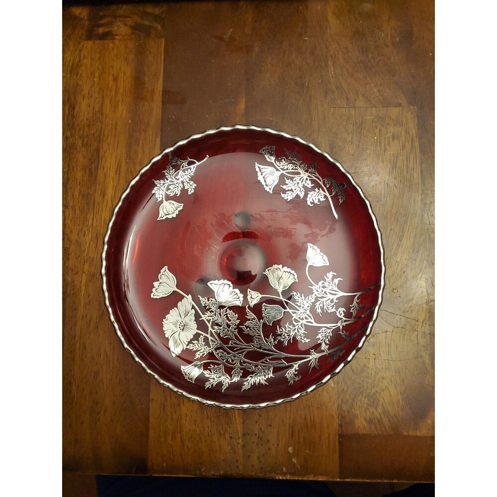 Vtg 7.5" Viking Glass Round Shallow Footed Bowl Ruby w Silver Overlay Flowers